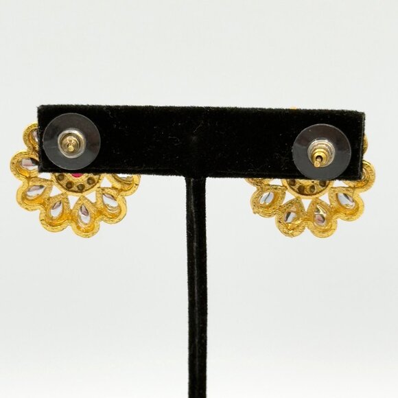 Gold Tone Red Kundan Stud Earrings Chandbali Pakistani Indian Bollywood Jewelry - Picture 4 of 7